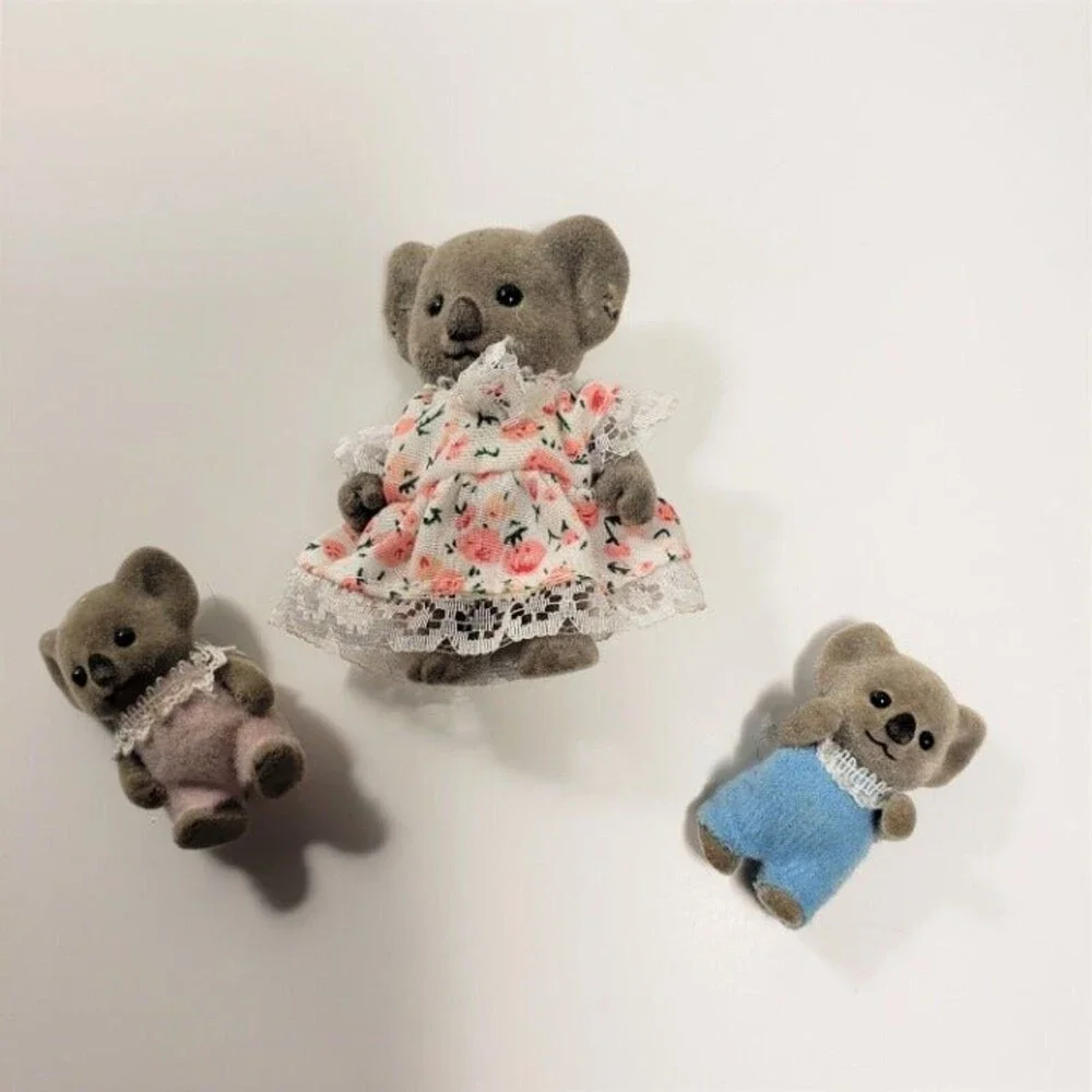 Vintage Flocked Koala Bear Family Lot 3 Mini Miniatures Dollhouse Figures Move